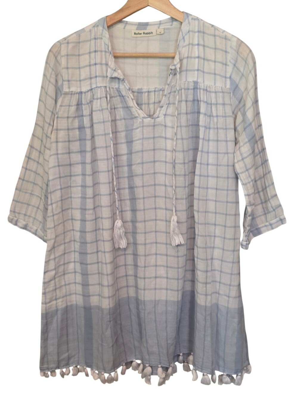 Roller Rabbit Serafina Tunic Top Blue & White Plaid Tassle Hem & Tie Size XS